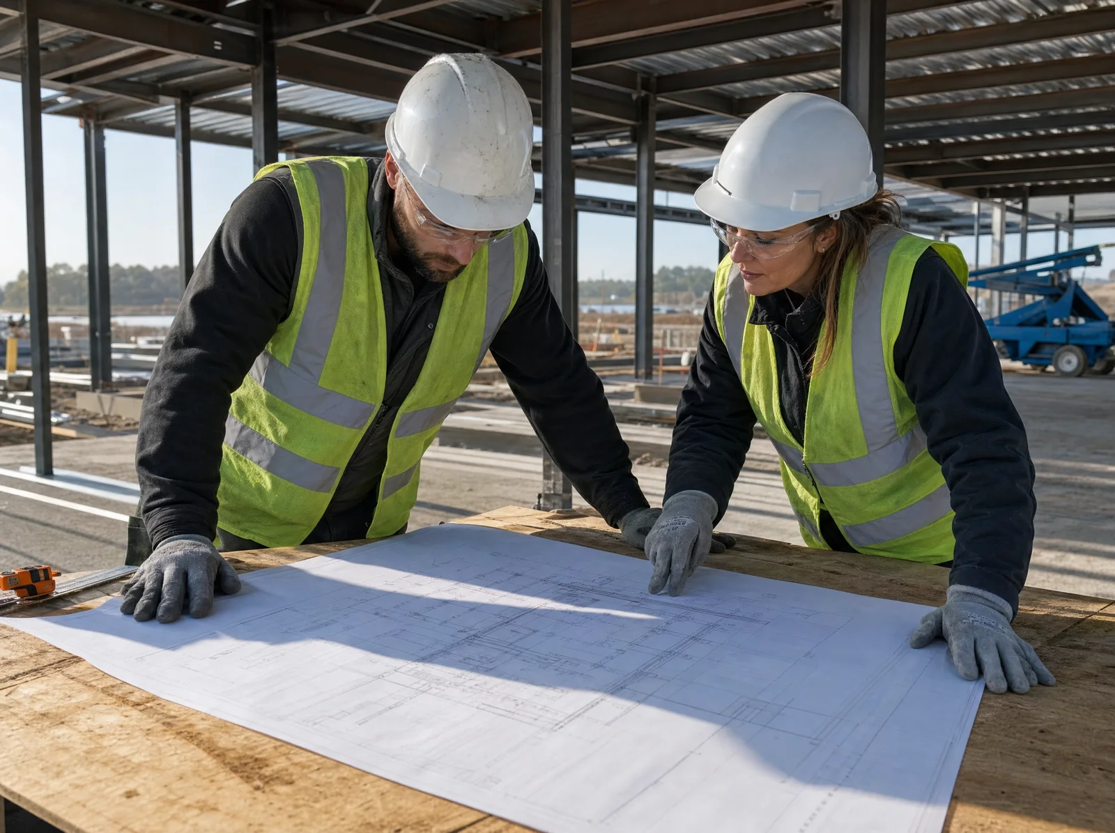 Construction professionals reviewing plans at a commercial building site.