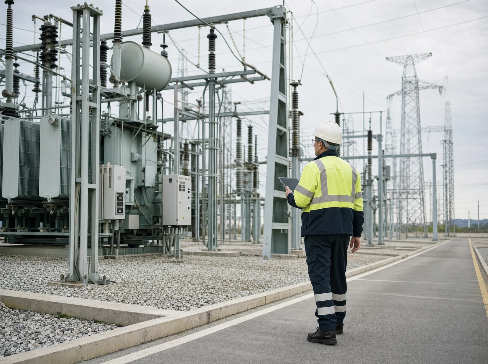 A utility engineer inspecting electrical grid infrastructure at a substation.