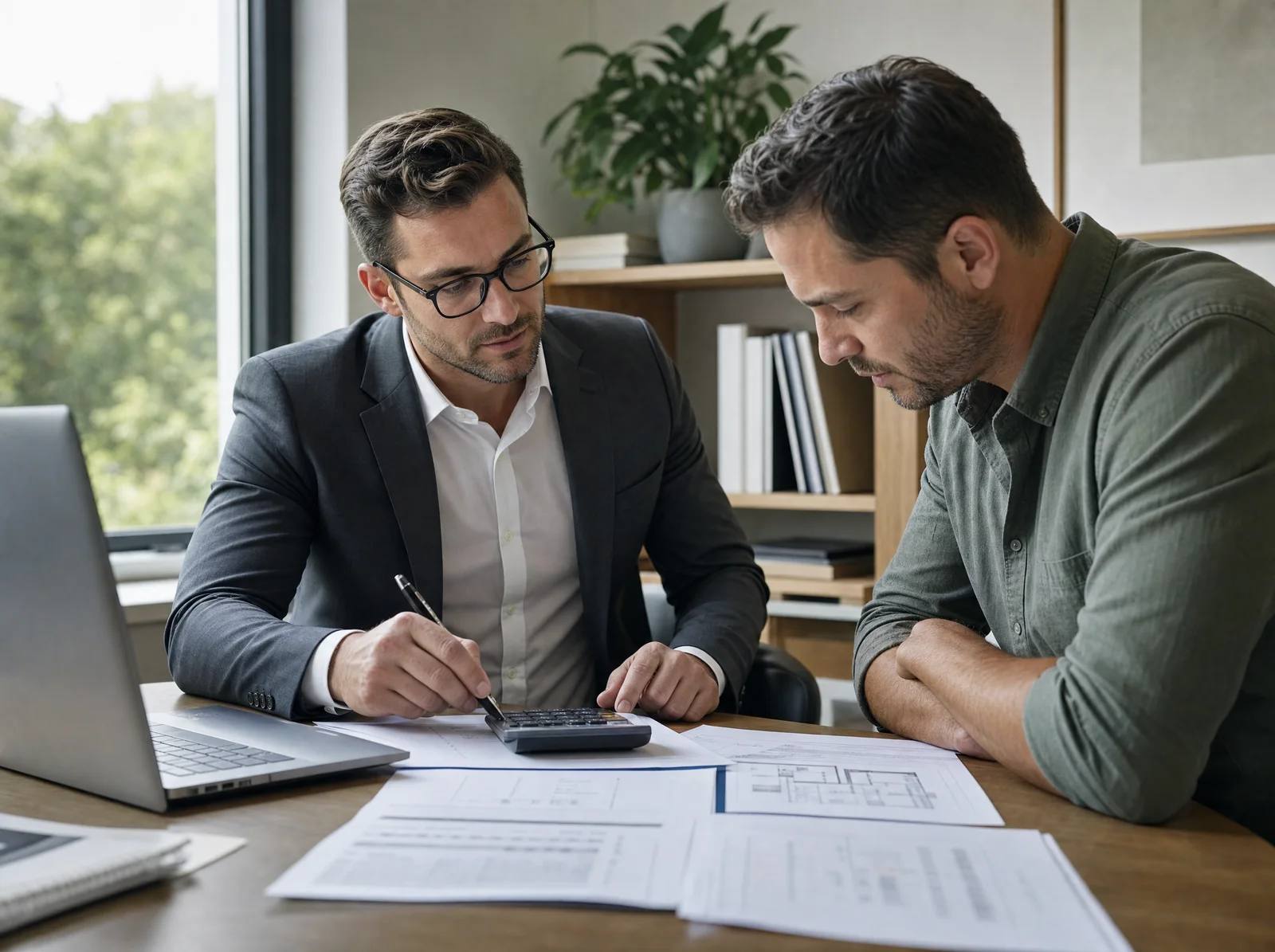 A commercial insurance advisor reviewing a risk schedule with a business owner.
