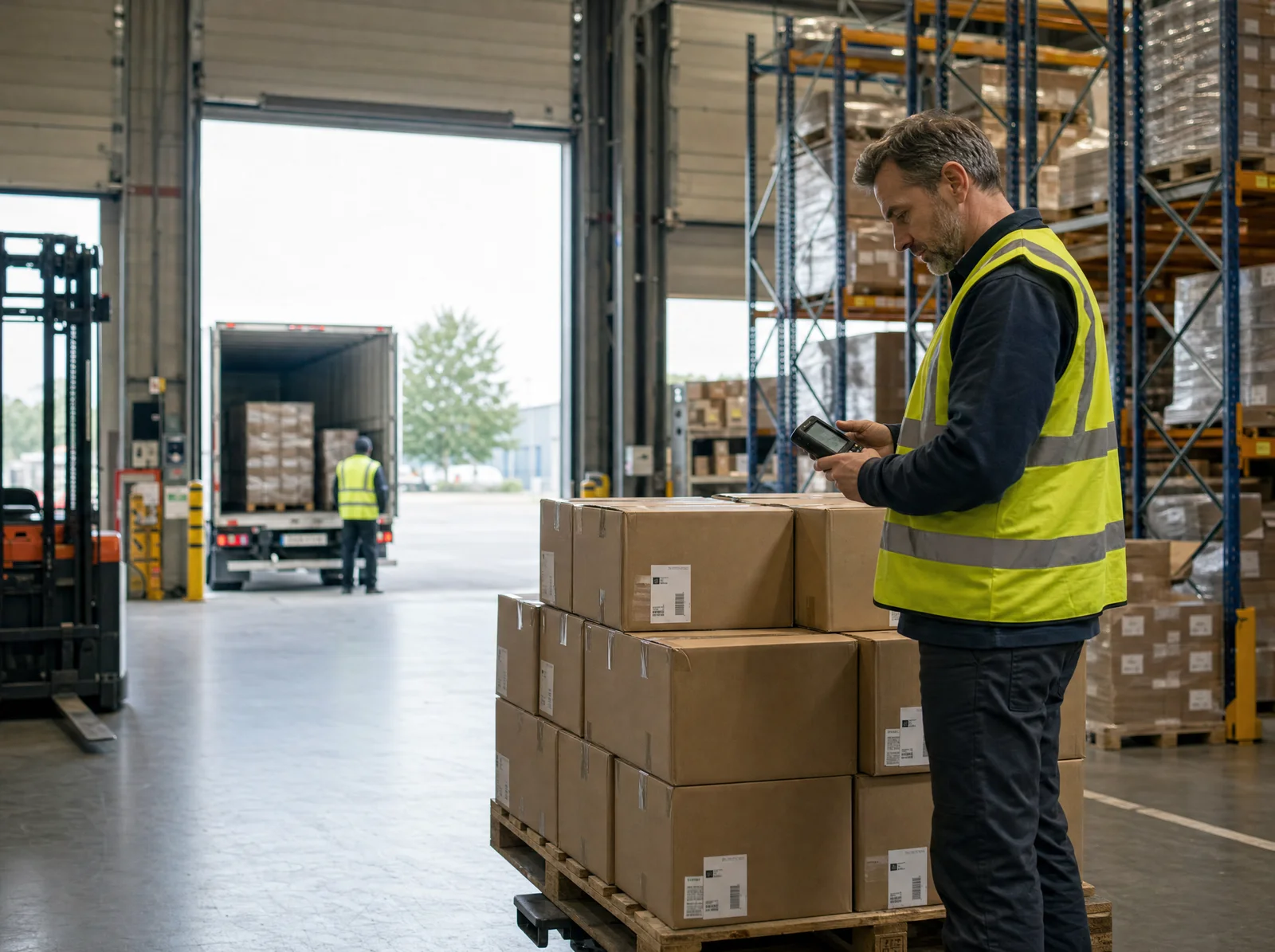 A warehouse supervisor checking a shipment beside distribution loading docks.