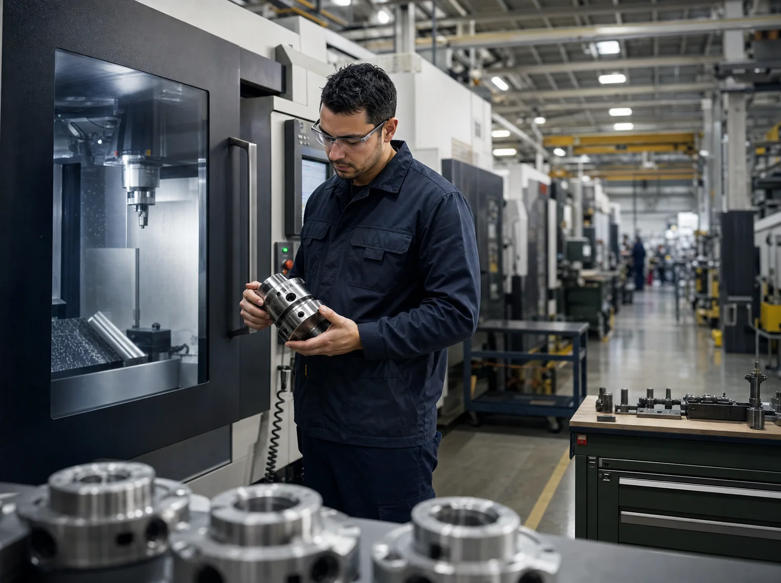 A technician inspecting a precision component beside CNC machinery.