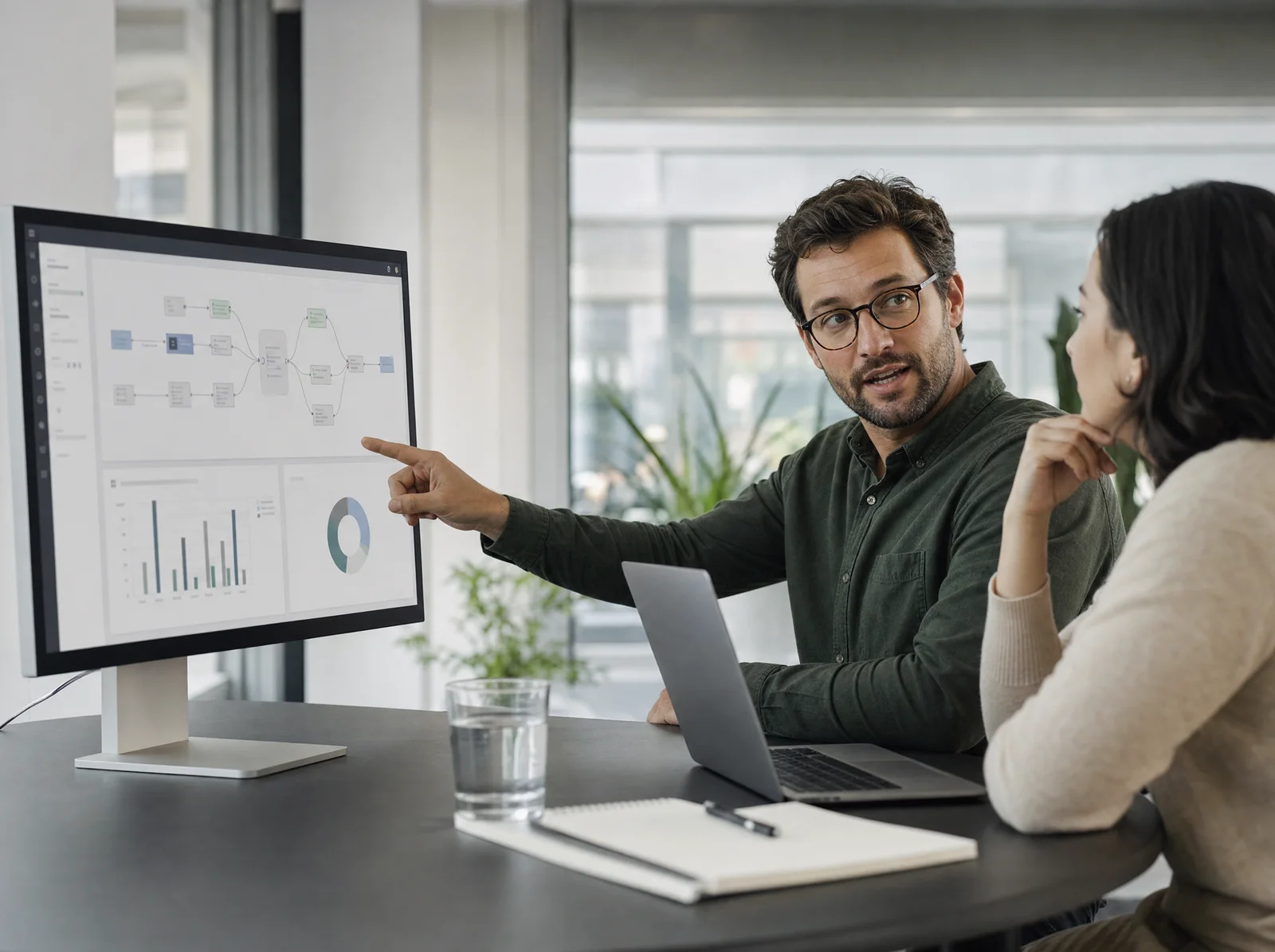 A software specialist demonstrating an enterprise application to a customer.