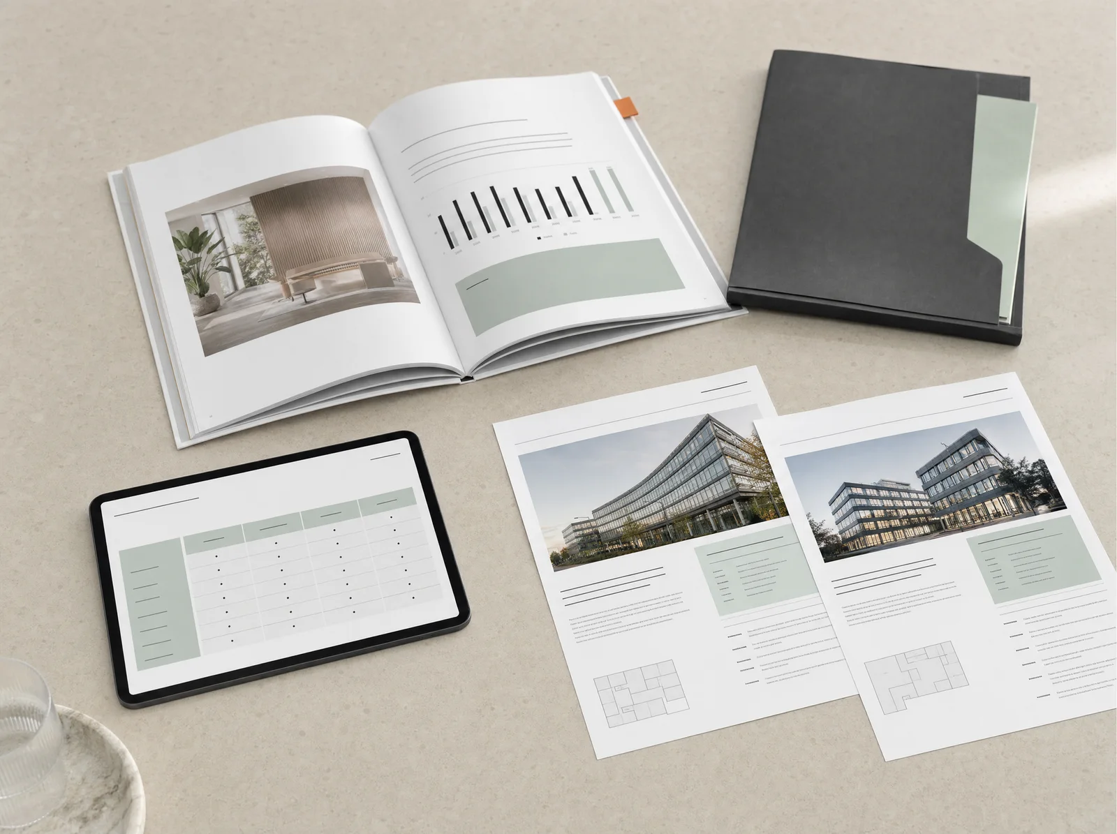 A sales presentation kit with a proposal, pricing tool and project case sheets.