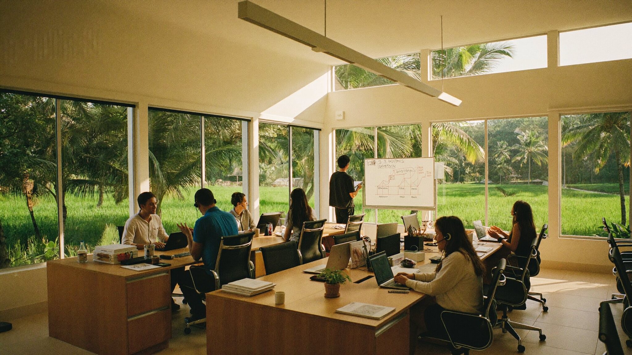 The Beda Sales floor in Bali. Western sales professionals on calls at timber desks, tropical greenery outside.