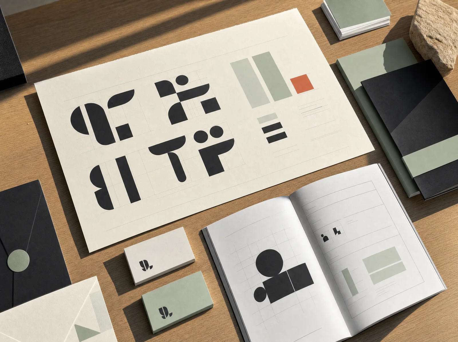 A coordinated visual identity system with colour swatches, stationery and printed guidelines.
