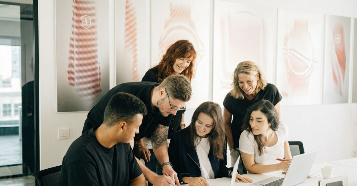 A team reviewing plans around a table.