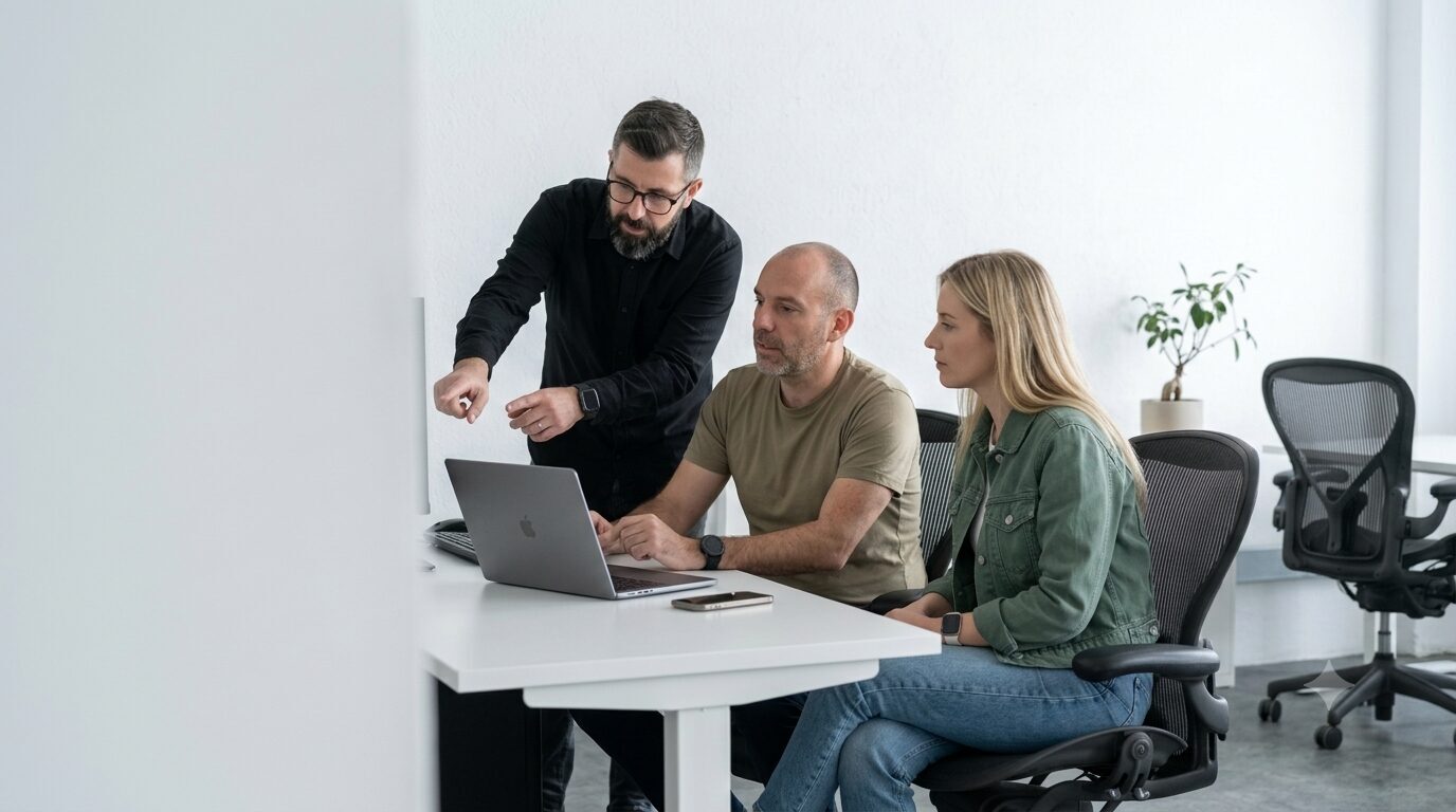 Three people working through a software demo.