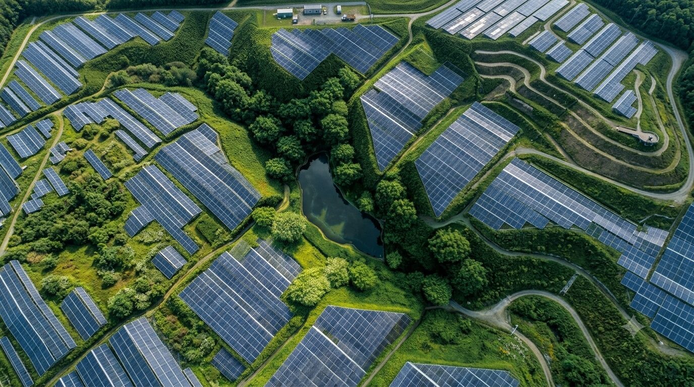 Aerial view of a commercial solar installation among green fields.